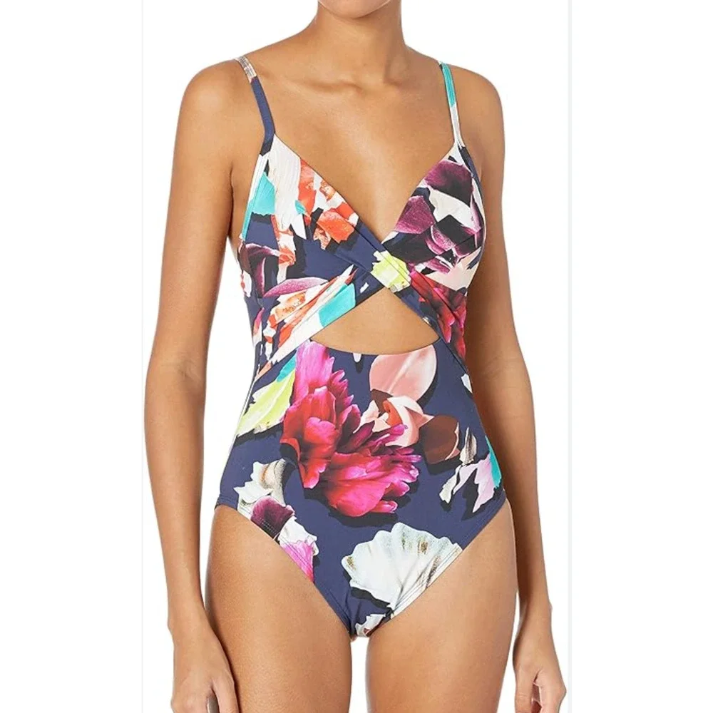 NEW KENNETH COLE NEW YORK DARK ROMANCE TWIST KEYHOLE ONE PIECE SWIMSUIT SZ M
